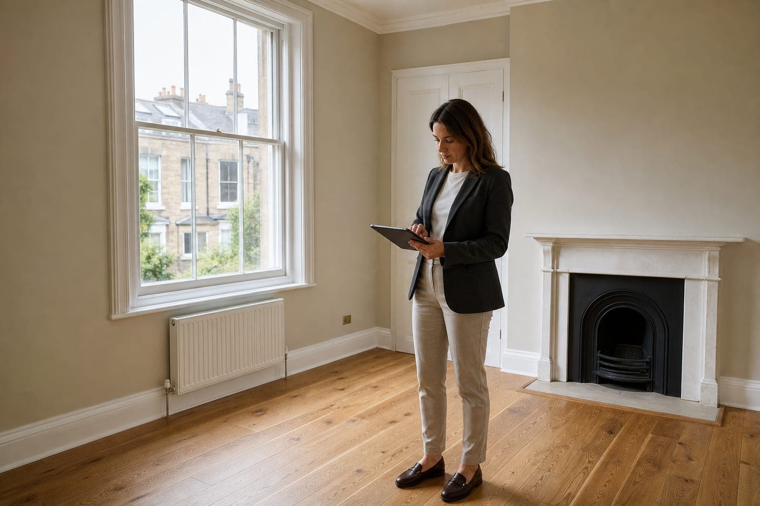A property operations professional records a condition review in an empty period bedroom