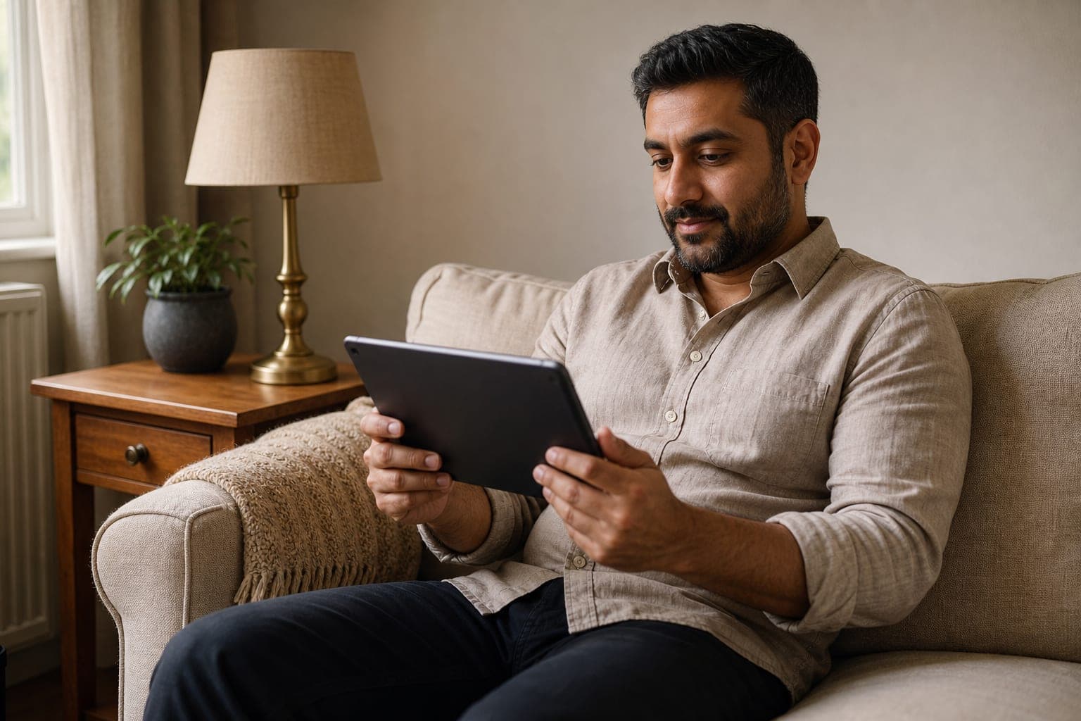 A landlord uses a tablet while seated in a warm neutral living room