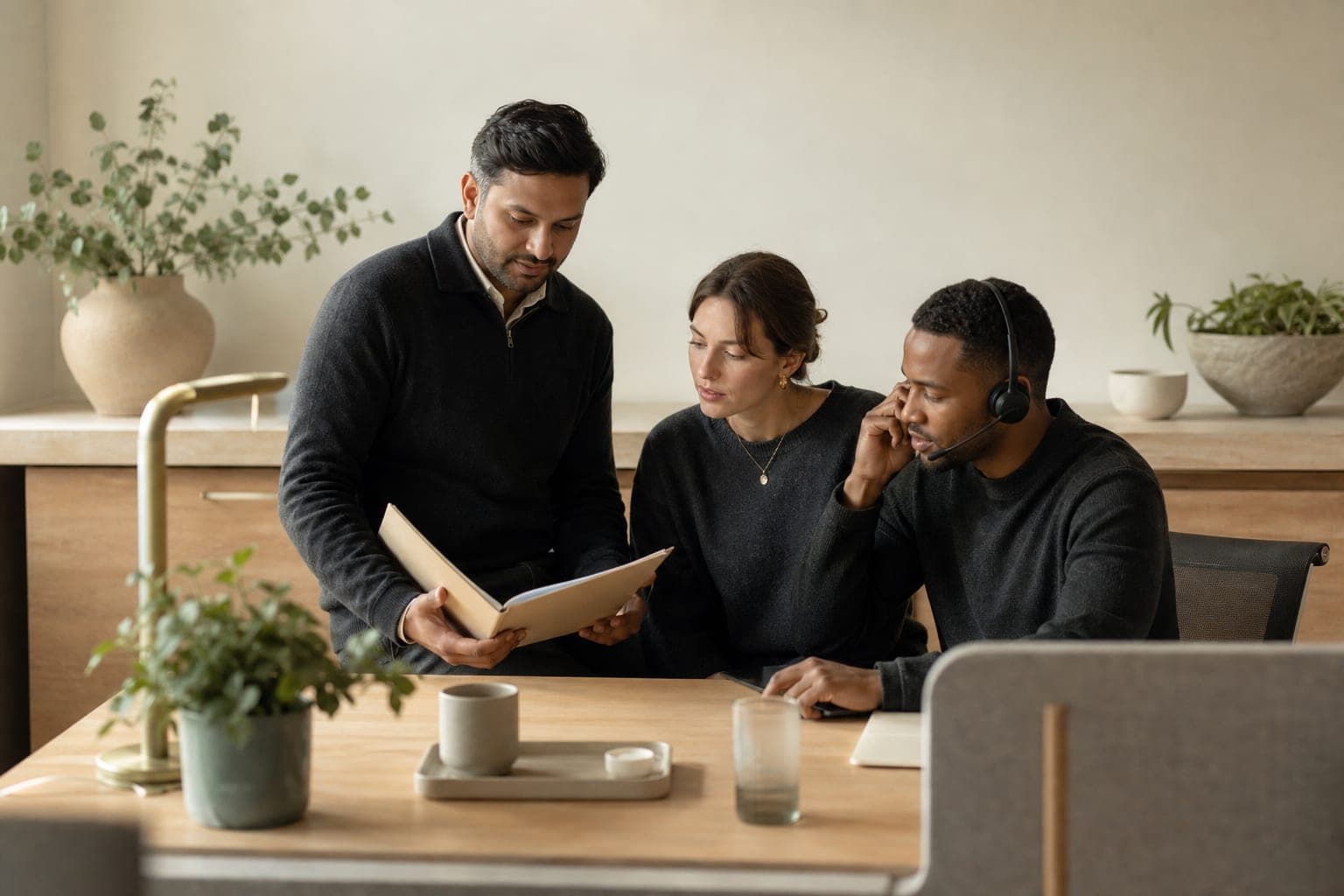 Three property operations colleagues coordinate around a warm oak desk