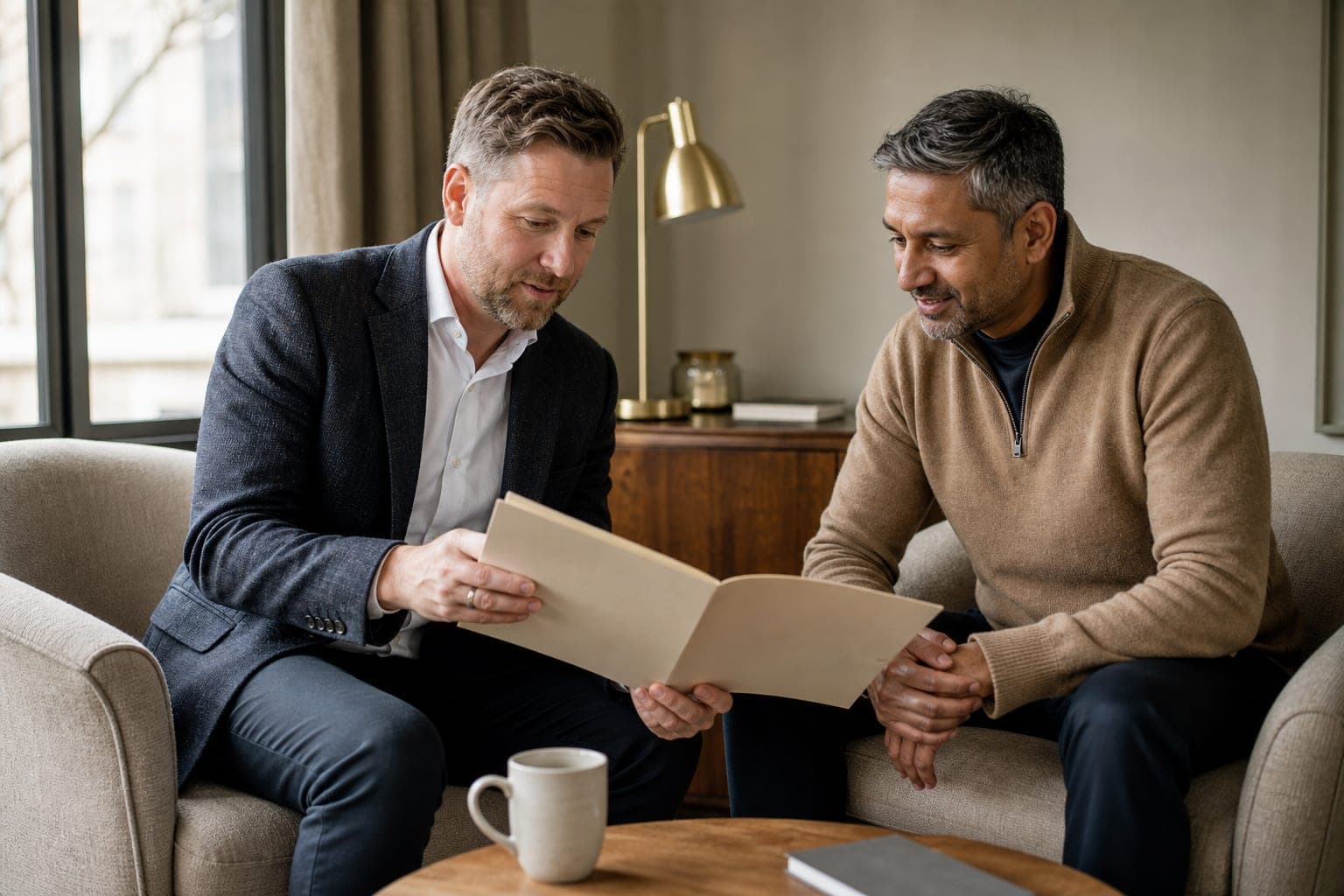 A letting agent and landlord review a folder in a warm neutral meeting space