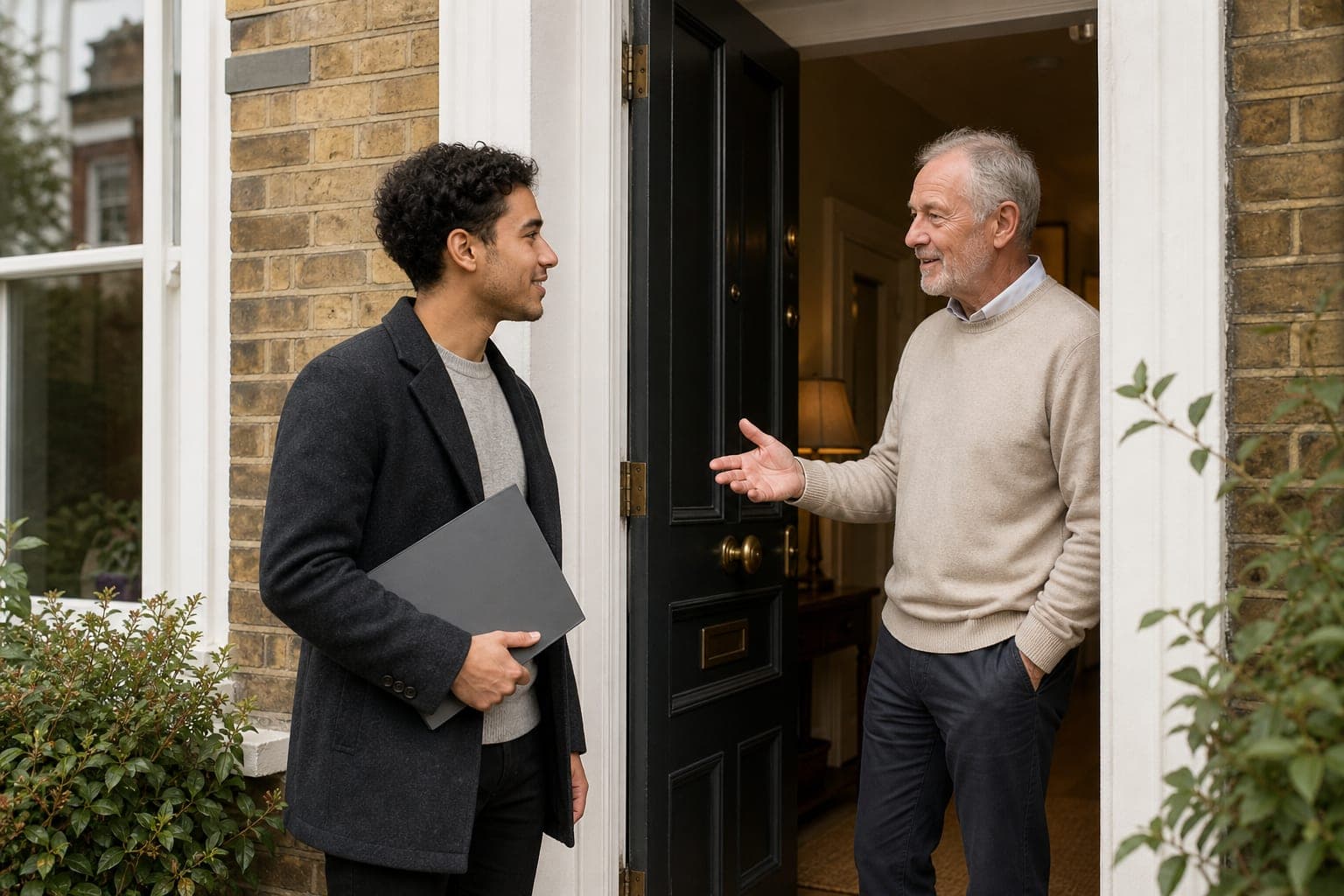 A landlord and tenant talk at the open front door of a terraced house