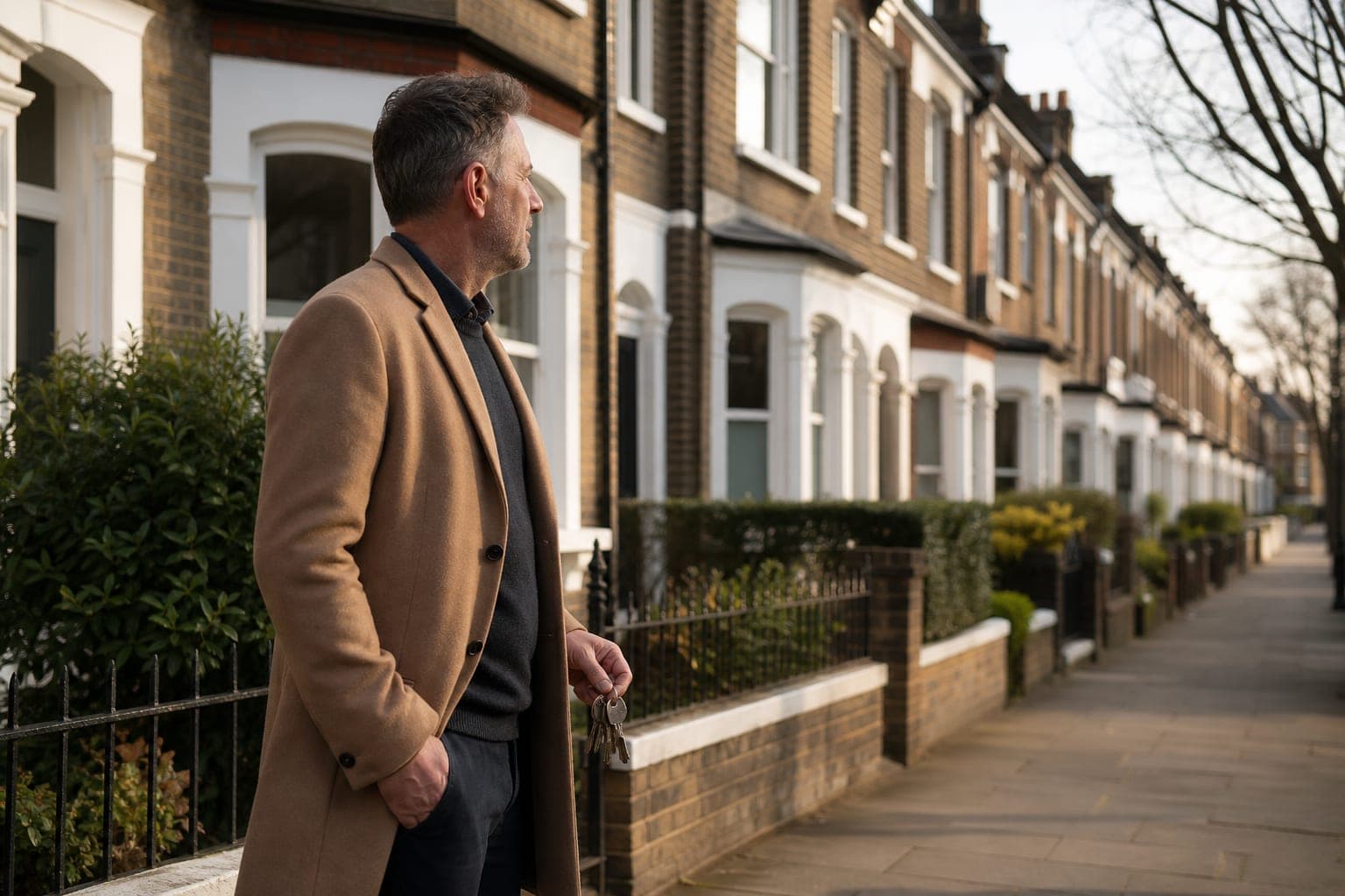 A portfolio landlord holds keys while looking along a row of London terraced houses