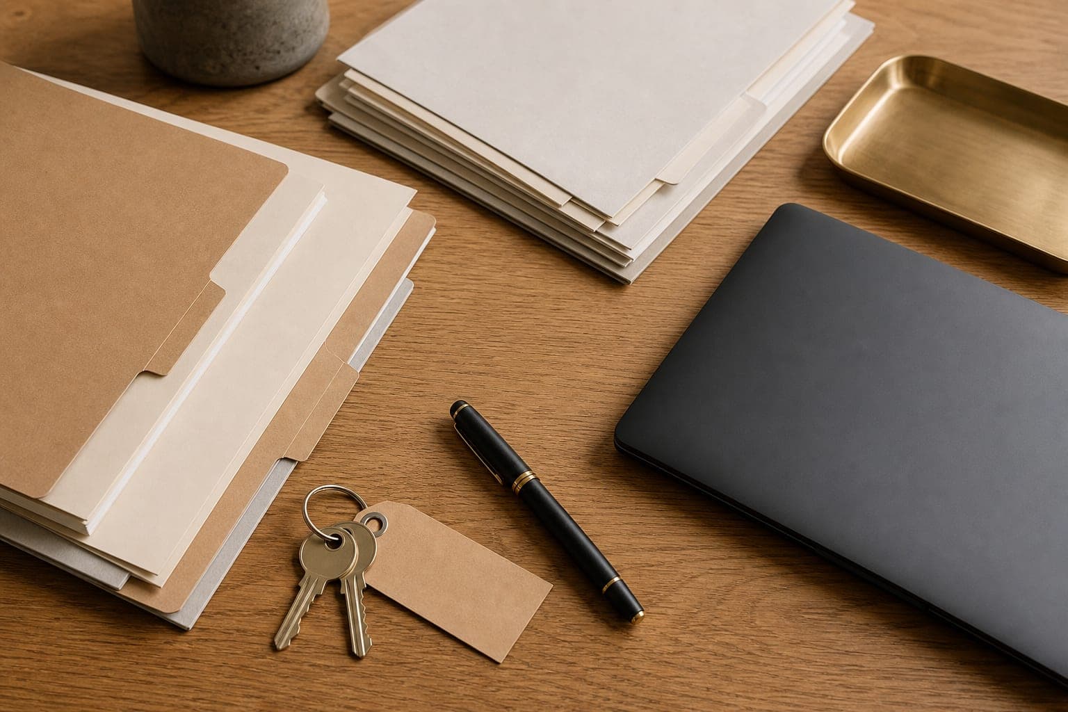 Blank property folders, a closed laptop and tagged keys arranged on an oak desk