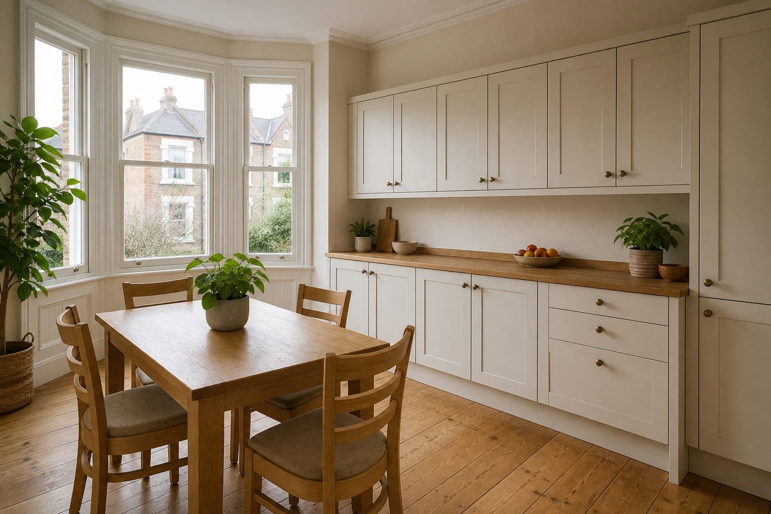 A tidy shared-house kitchen with cream cabinets and an oak dining table