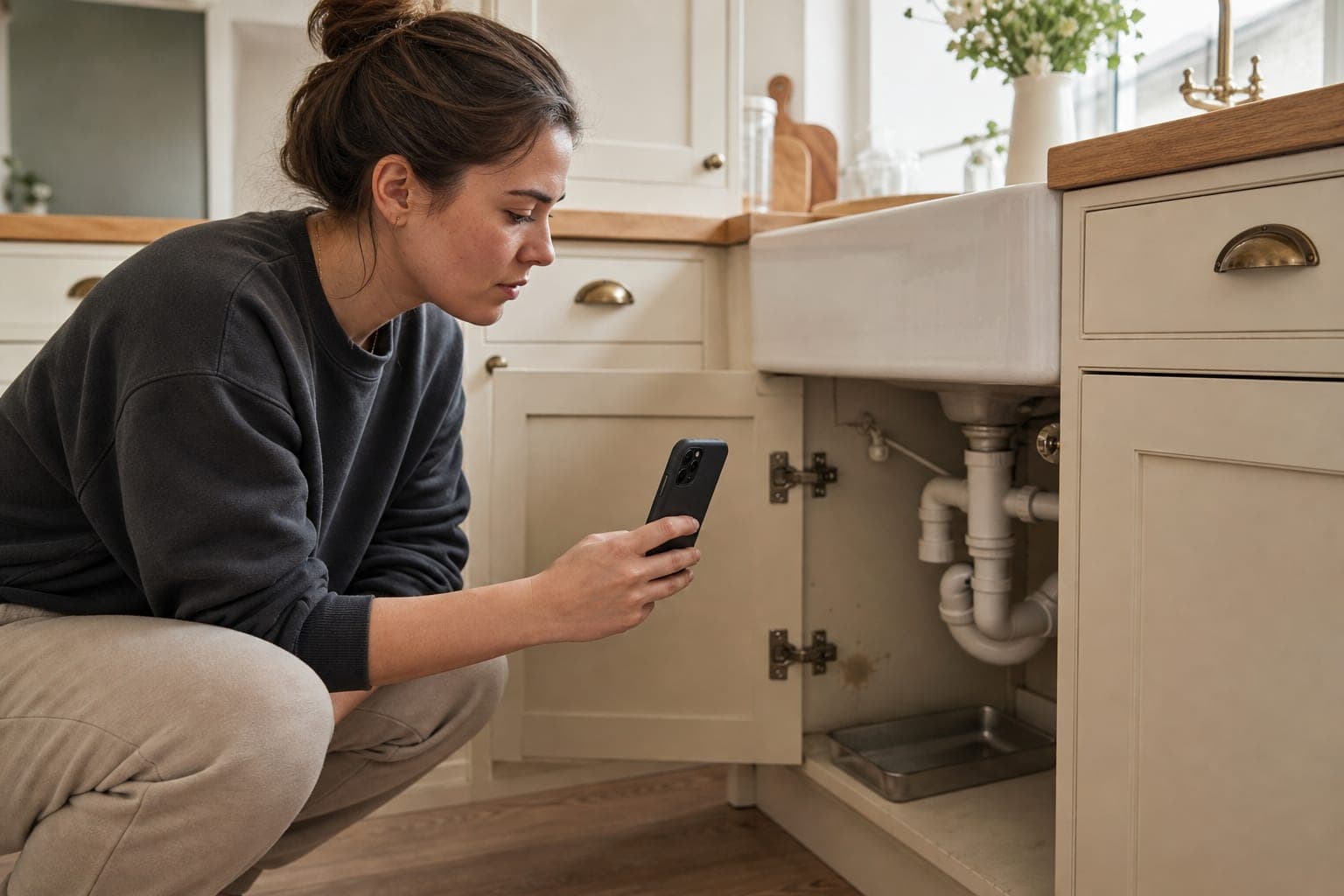 A tenant photographs a minor issue beneath an open kitchen sink cabinet